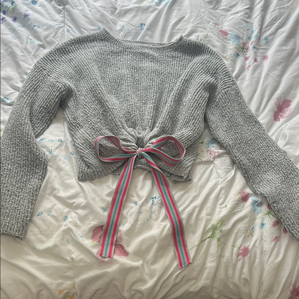 Almost Famous Gray Cardigan with Textured Knit and Bow Accent